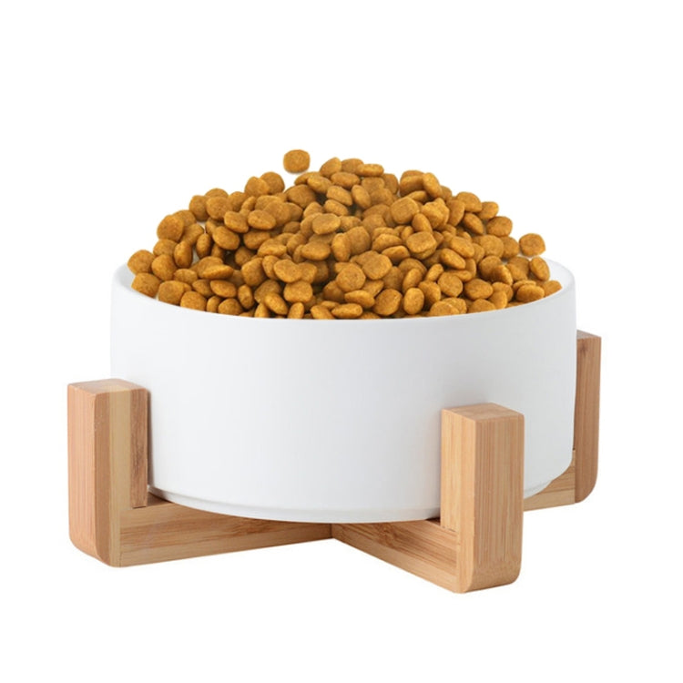 15.5cm/850ml Cat Bowl Dog Pot Pet Ceramic Bowl, Style:Single Bowl With Wooden Stand(White)-Reluova