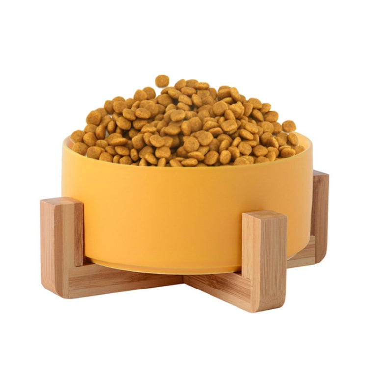 15.5cm/850ml Cat Bowl Dog Pot Pet Ceramic Bowl, Style:Single Bowl With Wooden Stand(Yellow)-Reluova