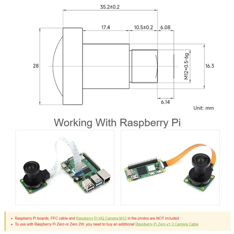 Waveshare WS1603212 For Raspberry Pi M12 High Resolution Lens, 12MP, 160° FOV, 3.2mm Focal Length, 23967 My Store