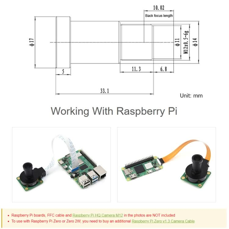 Waveshare WS0698012 For Raspberry Pi M12 High Resolution Lens, 12MP, 69.5 Degree FOV, 8mm Focal Length, 23968 My Store