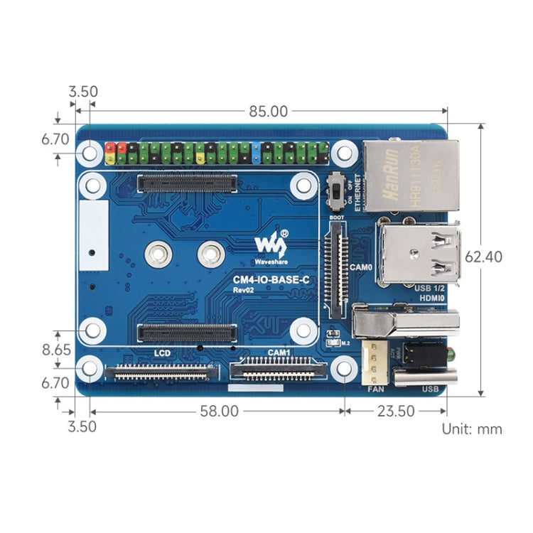 Waveshare CM4-IO-BASE-C For Raspberry Pi Compute Module 4 Mini Base Board, 23228