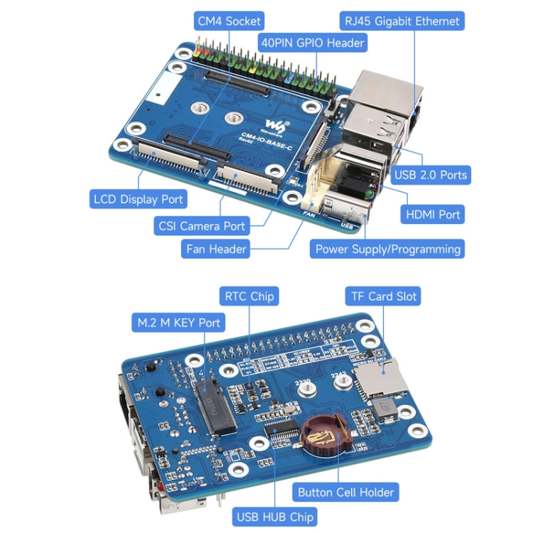 Waveshare CM4-IO-BASE-C For Raspberry Pi Compute Module 4 Mini Base Board, 23228