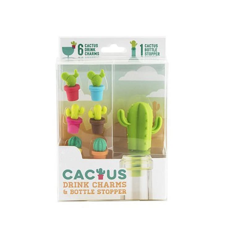 7 PCS Creative Cactus Silicone Wine Bottle Stopper + Wine Glass Marker Set-Reluova