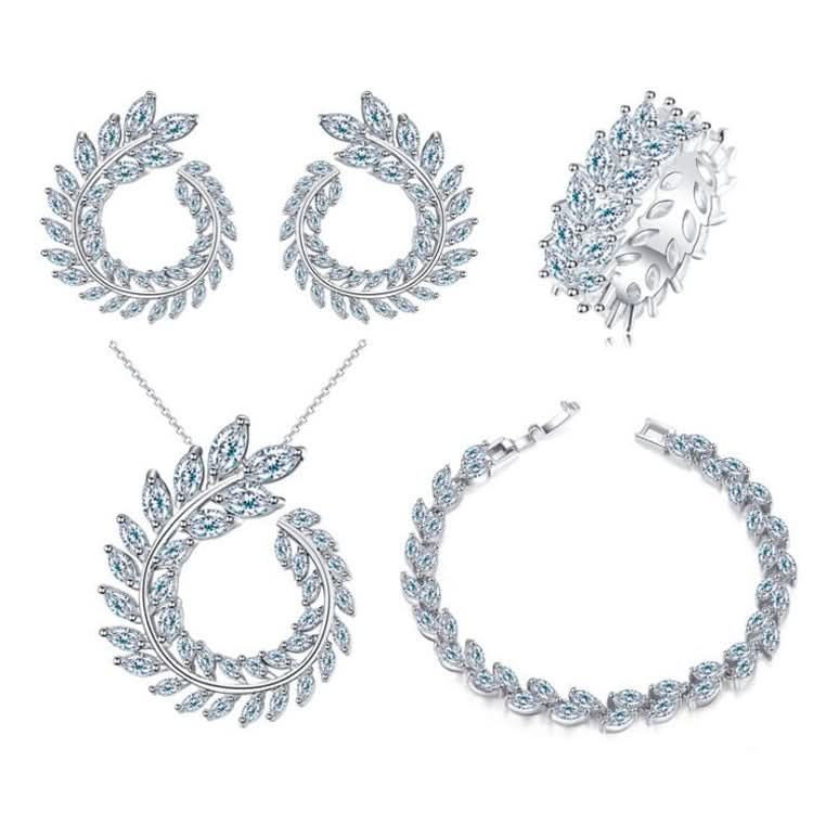 4 PCS/Set Leaf Shape Fashion CZ Necklace Earring Bracelet and Ring Sets-Reluova