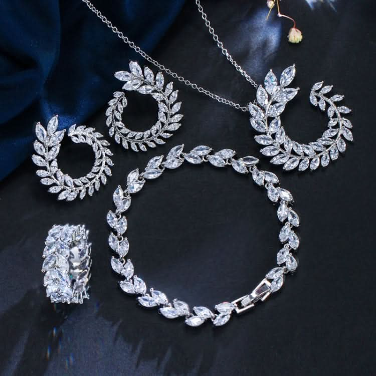 4 PCS/Set Leaf Shape Fashion CZ Necklace Earring Bracelet and Ring Sets-Reluova