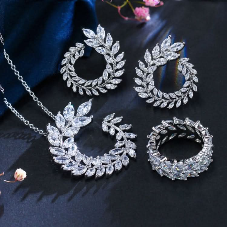 4 PCS/Set Leaf Shape Fashion CZ Necklace Earring Bracelet and Ring Sets-Reluova