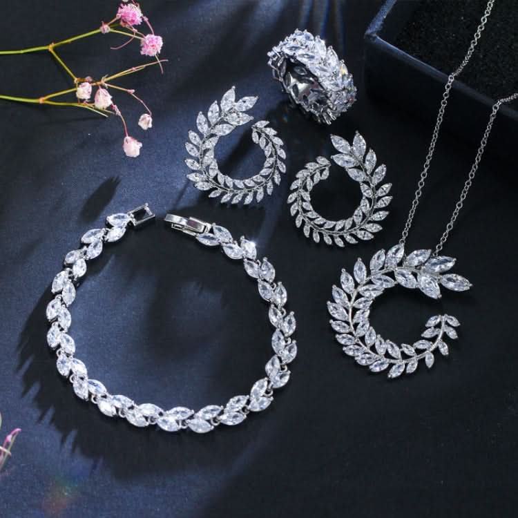 4 PCS/Set Leaf Shape Fashion CZ Necklace Earring Bracelet and Ring Sets-Reluova