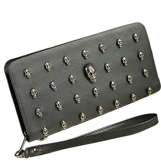 Women Metal Skull Wallet Card Leather Wristlet Handbags