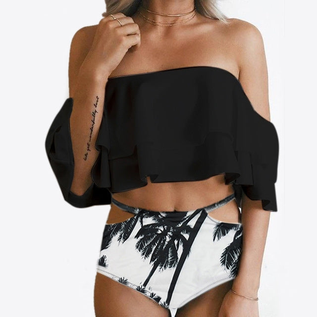 Sexy High Waist Swimsuit Women Ruffle Off Shoulder Bikinis Reluova