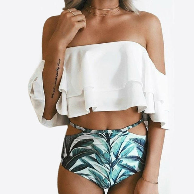 Sexy High Waist Swimsuit Women Ruffle Off Shoulder Bikinis Reluova