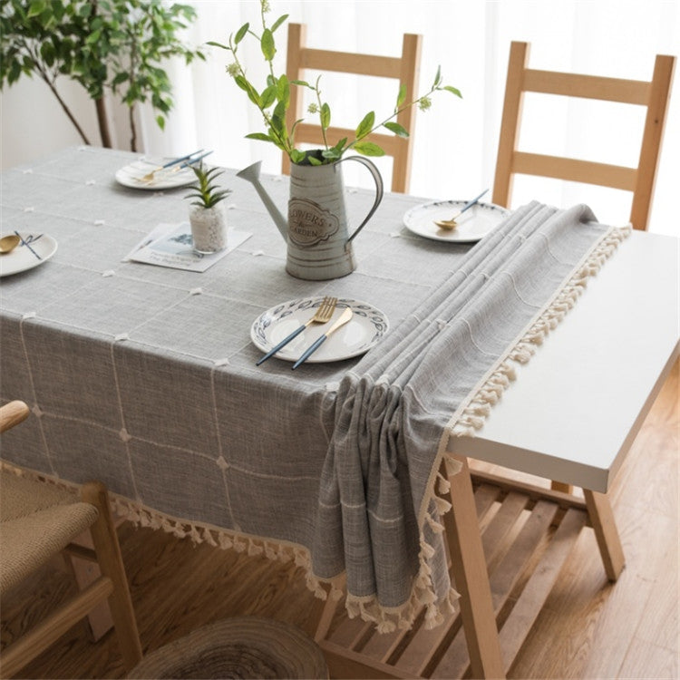 Square Lattice Embroidered Tablecloth Pure Color Cotton Linen Tassel Rectangular Coffee Table Mat, Series 1 My Store