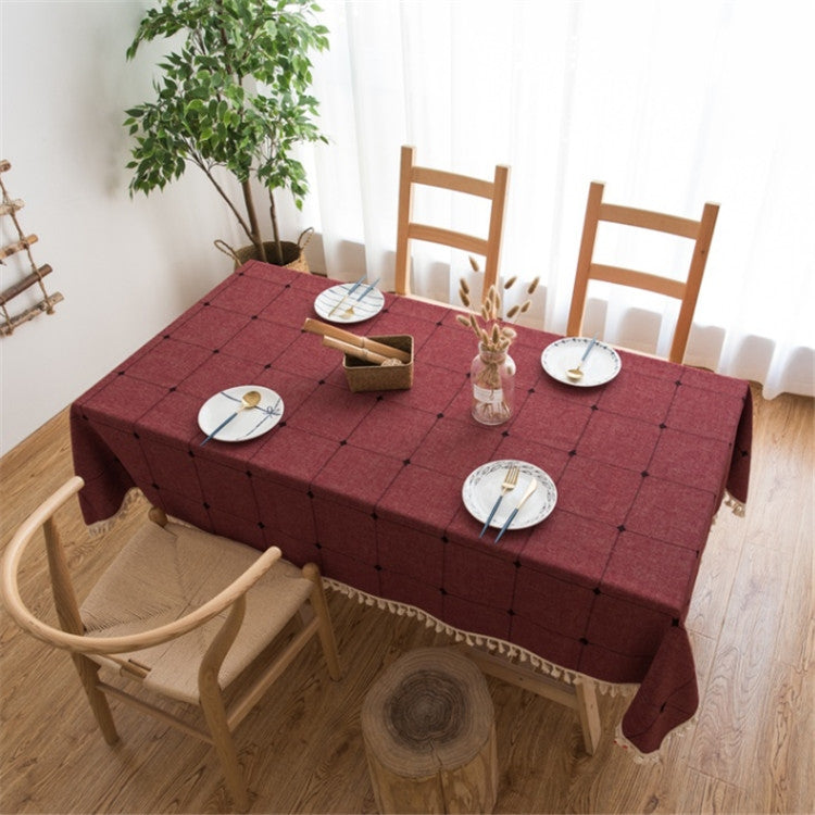 Square Lattice Embroidered Tablecloth Pure Color Cotton Linen Tassel Rectangular Coffee Table Mat, Series 1 My Store