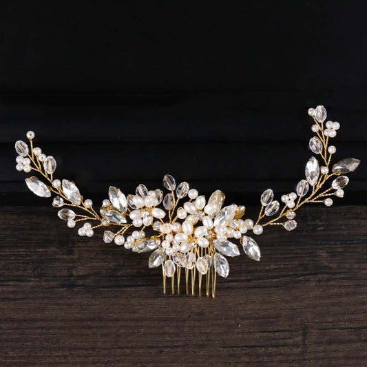 Golden Pearl Headband Tiaras Crystal Rhinestone Bridal Hair Combs Headpiece