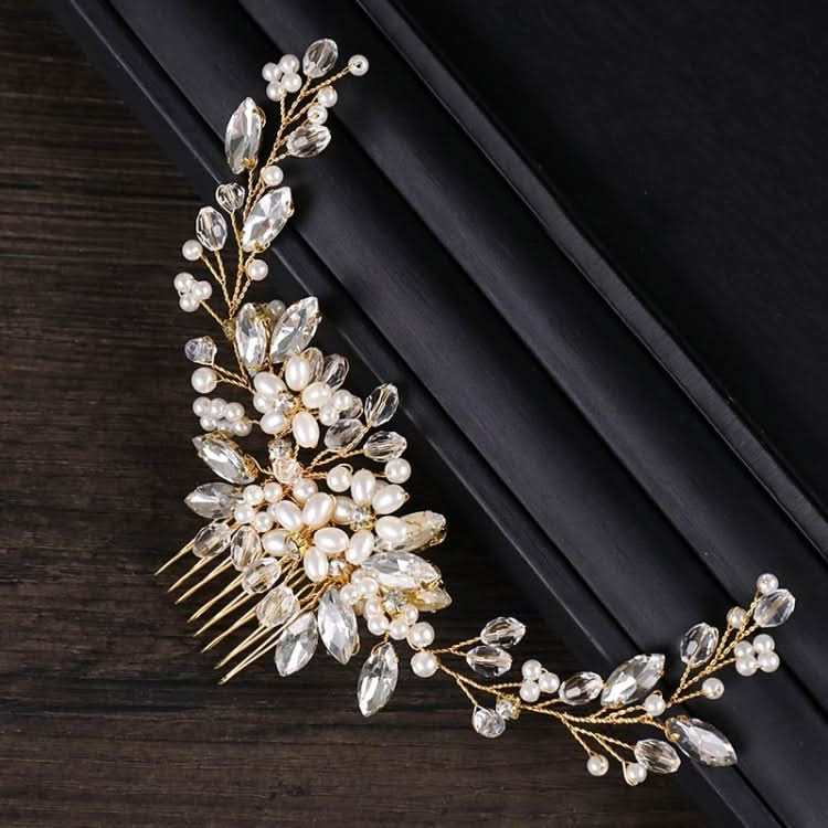 Golden Pearl Headband Tiaras Crystal Rhinestone Bridal Hair Combs Headpiece Reluova