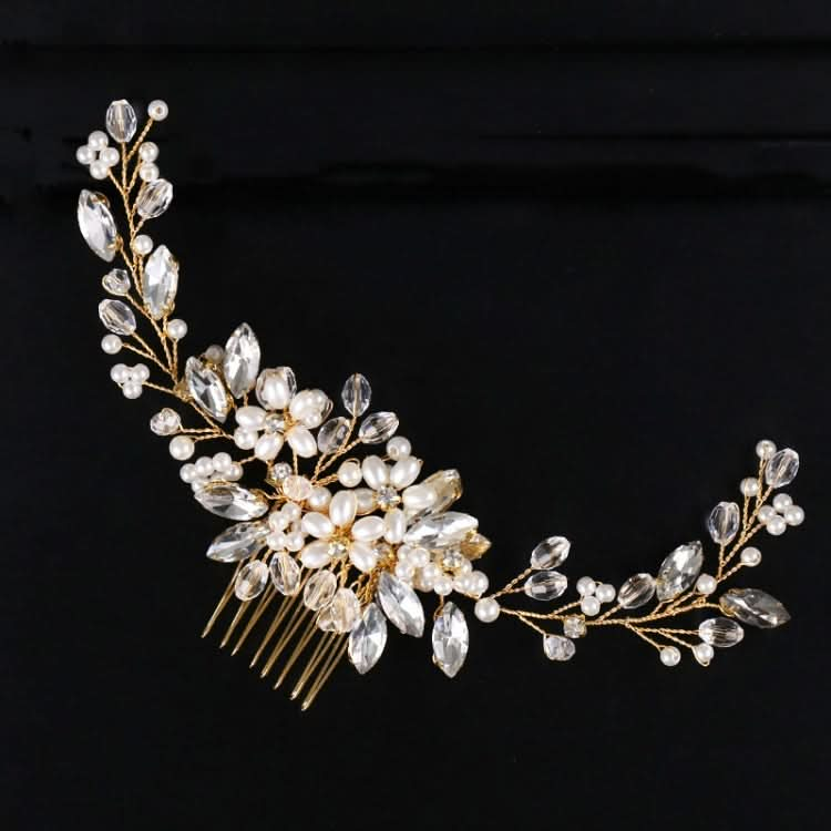 Golden Pearl Headband Tiaras Crystal Rhinestone Bridal Hair Combs Headpiece Reluova