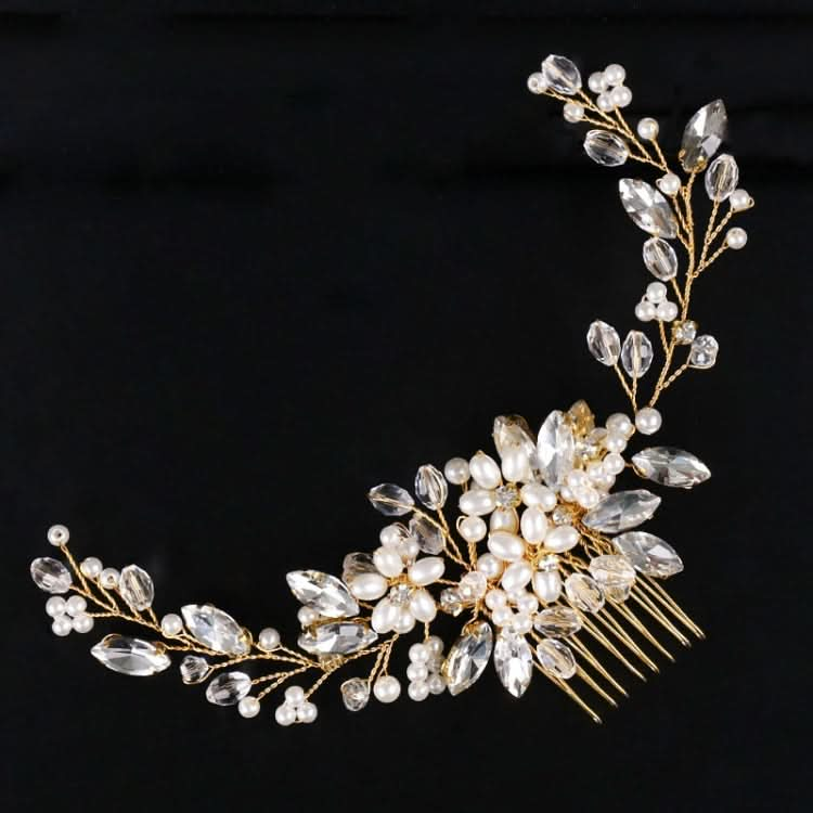 Golden Pearl Headband Tiaras Crystal Rhinestone Bridal Hair Combs Headpiece Reluova