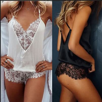 Lace Hanging Neck Coveralls Deep V Exposed Cream Color Erotic Lingerie