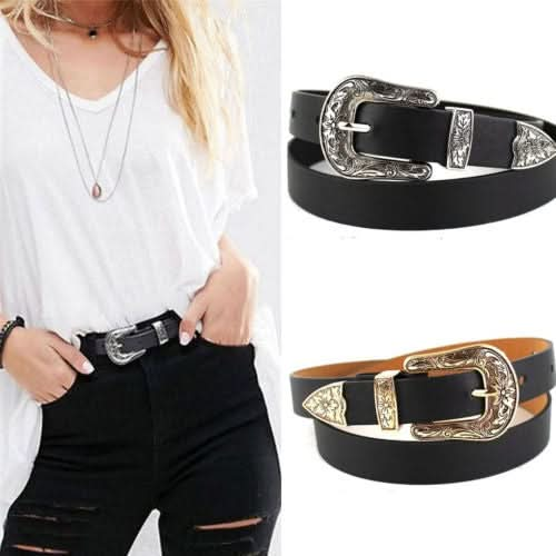 Women Black Leather Western Cowgirl Waist Metal Buckle Waistband New Hot Reluova