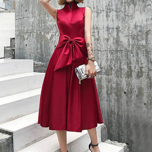 Elegant Bow Stand Collar Long Section Banquet Ladies Evening Dress