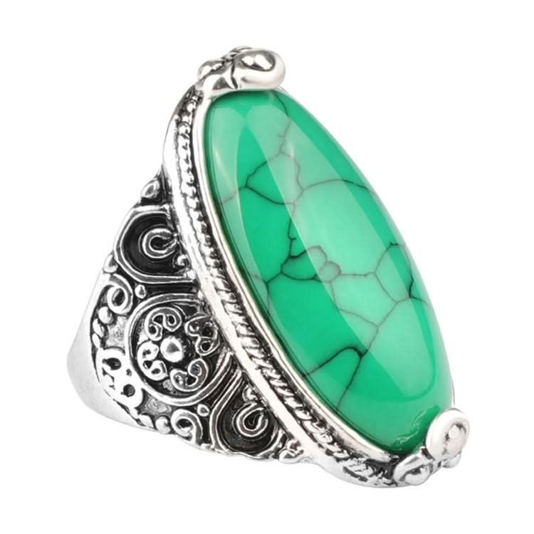 Fashion Vintage Oval Turquoise Flower Ring Women Antique Silver Jewelry Reluova