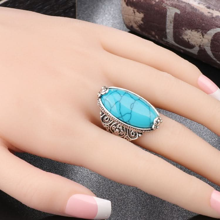 Fashion Vintage Oval Turquoise Flower Ring Women Antique Silver Jewelry Reluova