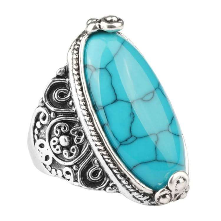 Fashion Vintage Oval Turquoise Flower Ring Women Antique Silver Jewelry Reluova