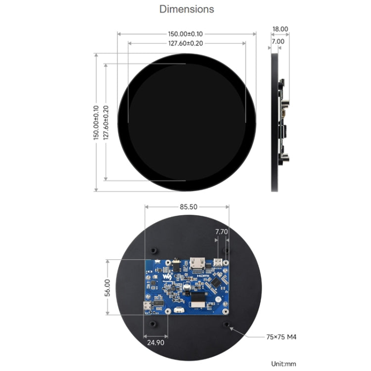 Waveshare 1080x1080 IPS Optically Bonded 5-Inch HDMI Circular 10-Point Touch Screen