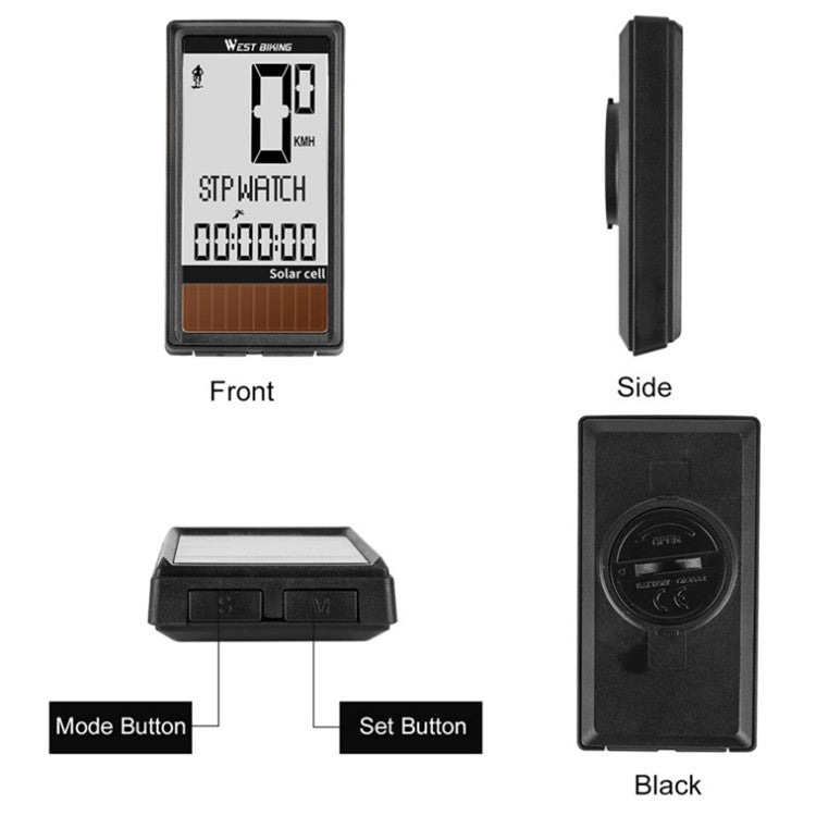 WEST BIKING Wireless Solar Code Table Mountain Road Bike Large Character Code Table Five Language Waterproof Speedometer