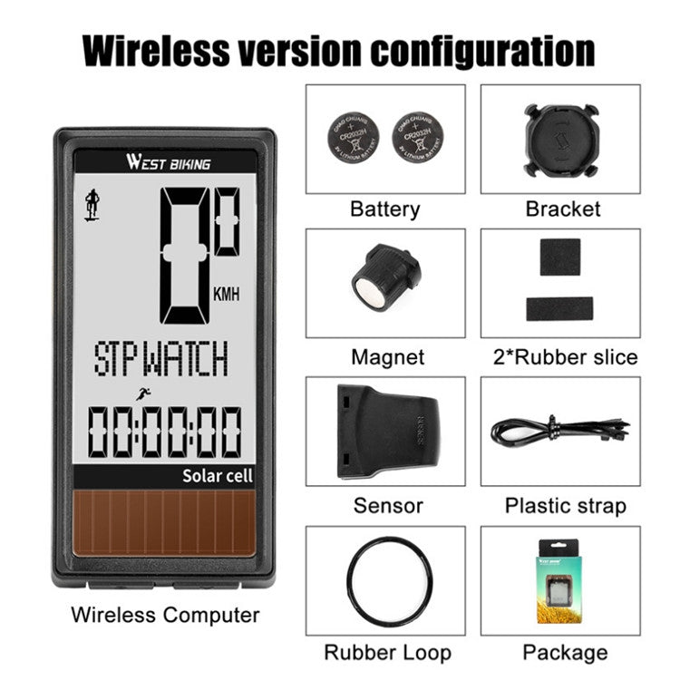 WEST BIKING Wireless Solar Code Table Mountain Road Bike Large Character Code Table Five Language Waterproof Speedometer