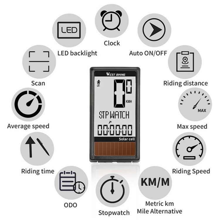 WEST BIKING Wireless Solar Code Table Mountain Road Bike Large Character Code Table Five Language Waterproof Speedometer