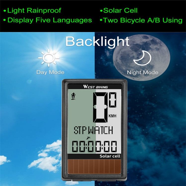 WEST BIKING Wireless Solar Code Table Mountain Road Bike Large Character Code Table Five Language Waterproof Speedometer Reluova