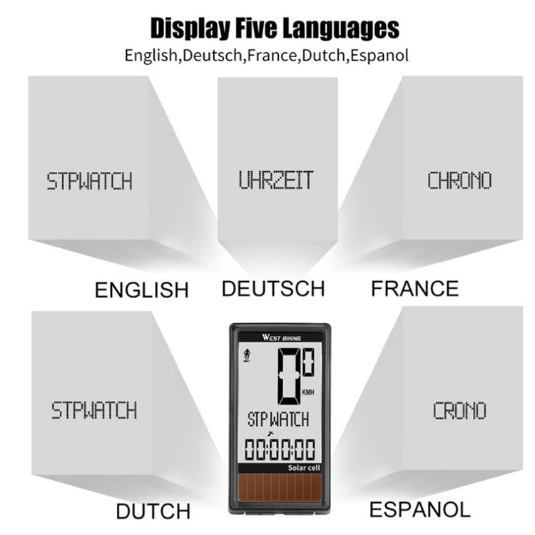 WEST BIKING Wireless Solar Code Table Mountain Road Bike Large Character Code Table Five Language Waterproof Speedometer Reluova