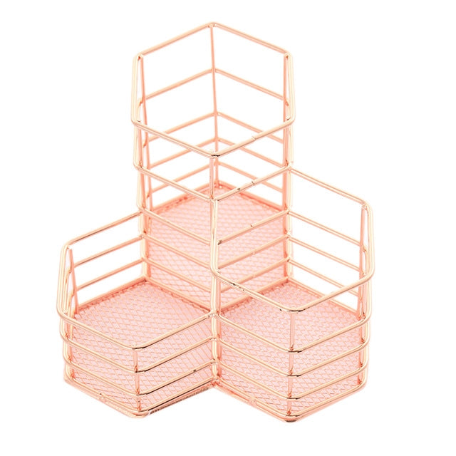 Pen Cup Holder Desk Hexagon Iron Hollow Makeup Brush Organizer Stationery Storage Container Hexagonal Penholder