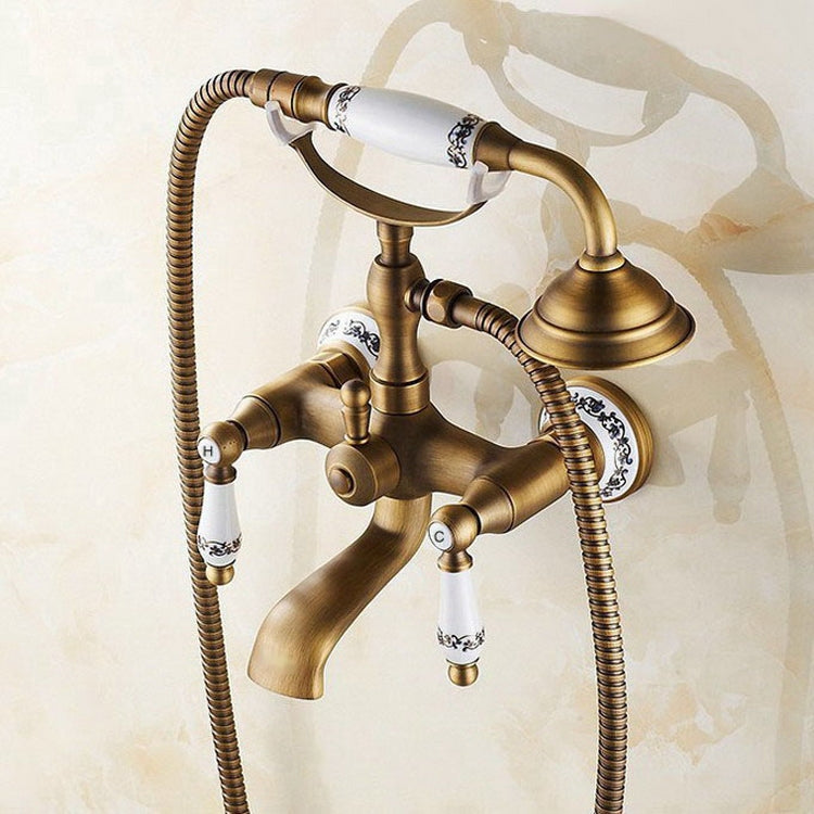 Antique Brass Wall Mounted Bathroom Tub Faucet Dual Ceramics Handles Telephone Style Hand Shower