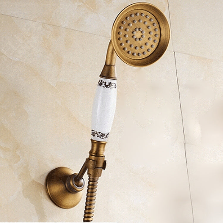 Antique Brass Wall Mounted Bathroom Tub Faucet Dual Ceramics Handles Telephone Style Hand Shower