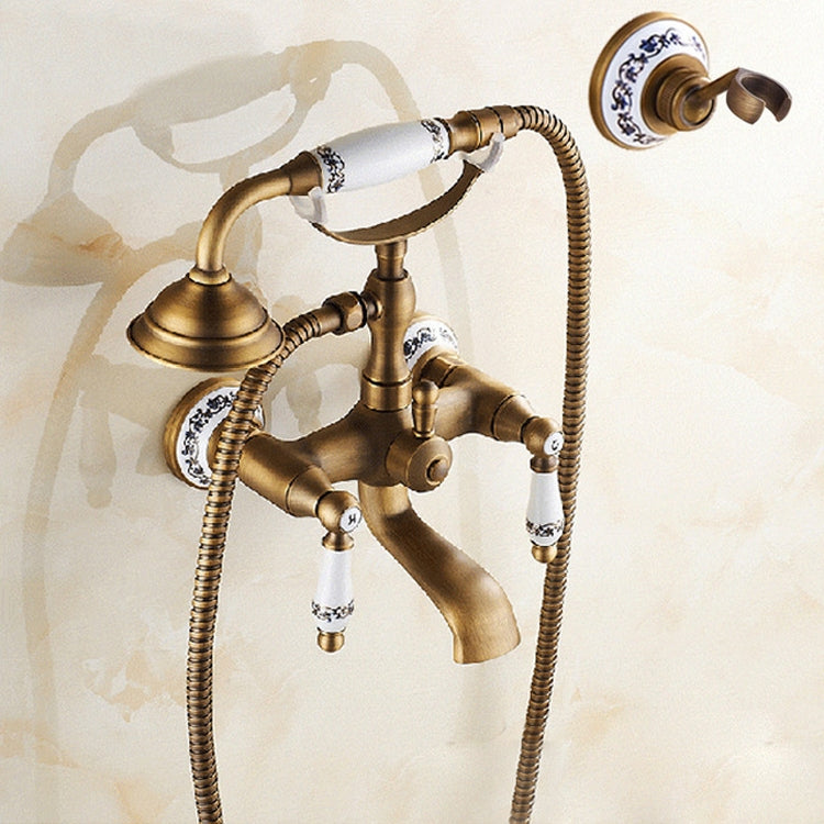 Antique Brass Wall Mounted Bathroom Tub Faucet Dual Ceramics Handles Telephone Style Hand Shower