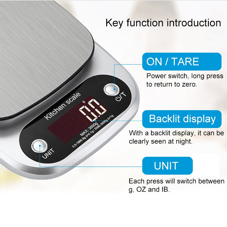 BOH-C305 Kitchen Stainless Steel LCD  Electronic Scale, Specification: 5kg/0.1g