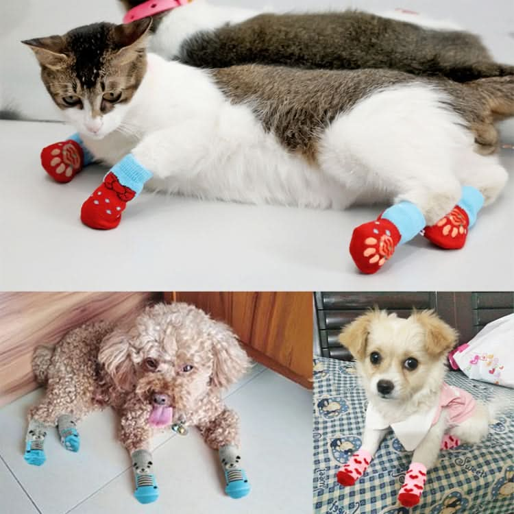 4pcs /Set  Pet Dog Puppy Cat Shoes Slippers Non-Slip Socks Pet Cute Indoor for Small Dogs Cats Snow Boots Socks, Size:S(Red)-Reluova