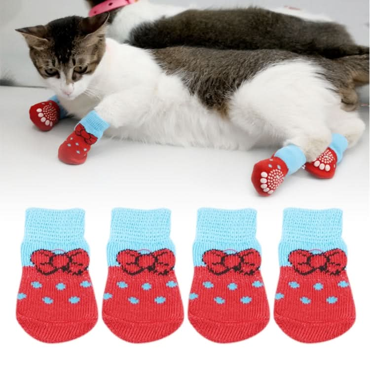 4pcs /Set  Pet Dog Puppy Cat Shoes Slippers Non-Slip Socks Pet Cute Indoor for Small Dogs Cats Snow Boots Socks, Size:S(Red)-Reluova