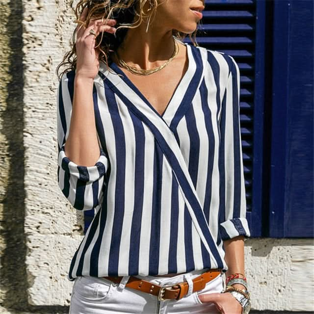 Women Striped Shirt Long Sleeve V-neck Shirts Casual Tops Blouse Reluova