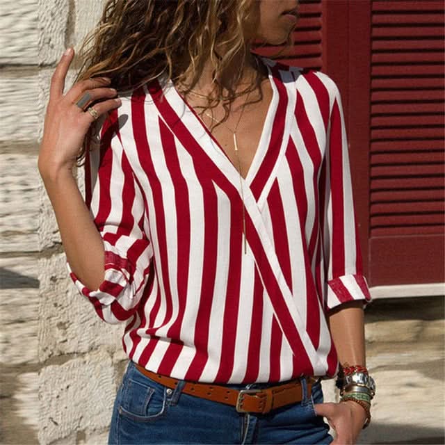 Women Striped Shirt Long Sleeve V-neck Shirts Casual Tops Blouse Reluova