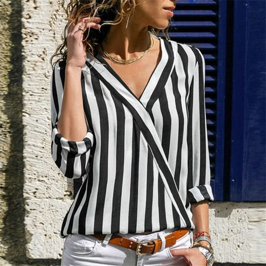 Women Striped Shirt Long Sleeve V-neck Shirts Casual Tops Blouse