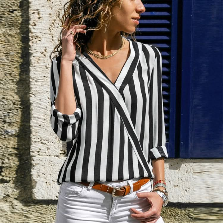 Women Striped Shirt Long Sleeve V-neck Shirts Casual Tops Blouse Reluova