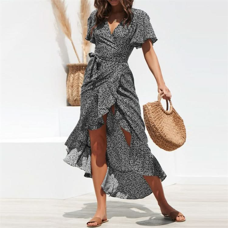 Print Flower High-rise Lace-up Chiffon Dress