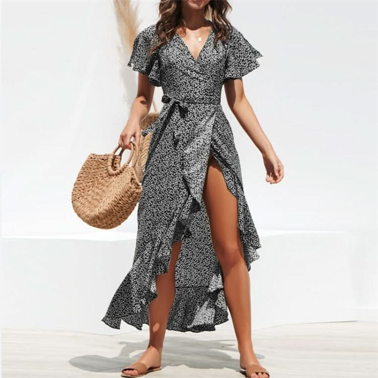 Print Flower High-rise Lace-up Chiffon Dress