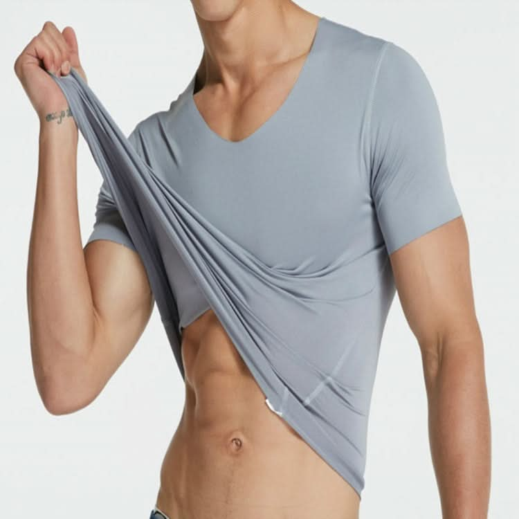 Men Ice Silk Quick Dry T-shirt Short Sleeve V Neck Solid Color Seamless Breathable Top Reluova