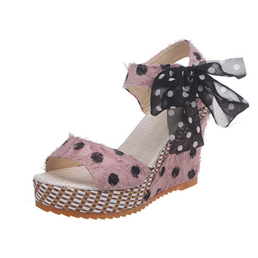 Women Sandals Dot Bowknot Platform Wedge Shoes