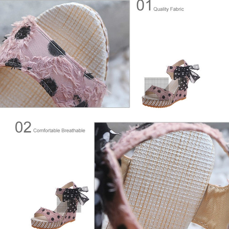 Women Sandals Dot Bowknot Platform Wedge Shoes