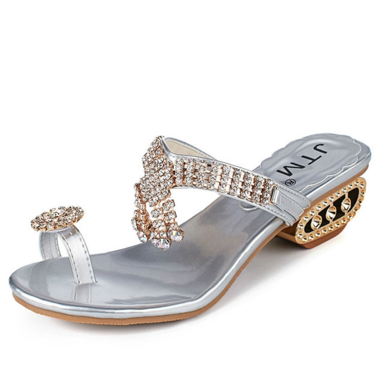 Open Toe Chunky Heel Sandals Crystal Rhinestones Beach Flip