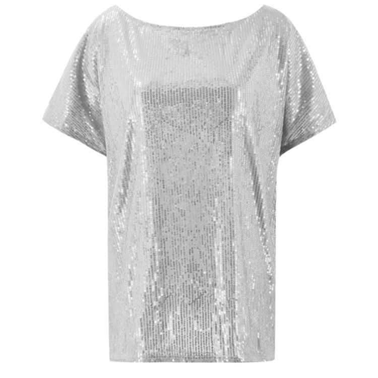 Short-Sleeved Solid Color Sequins Word Shoulder Shirt for Women